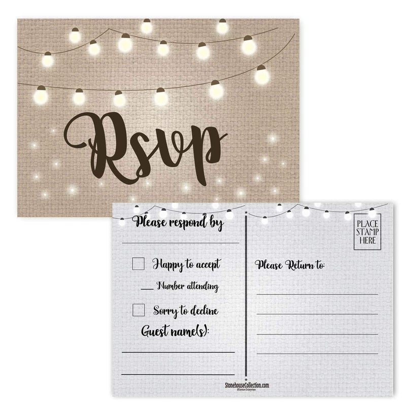Stonehouse Collection | 40 Rustic String Lights RSVP Postcards | Wedding, Baby Shower, Birthdays, Celebration Announcements | Great For Any Occasion | 4" x 6" Postcards - Made in the USA - Image 1